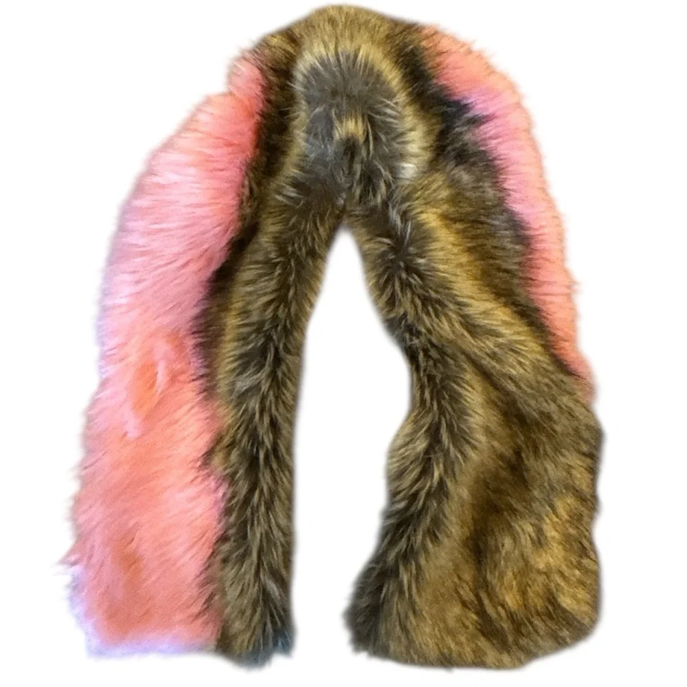 Faux Fur Colorblock Wrap Scarf Pink & Brown Glam Statement Stole Size OS